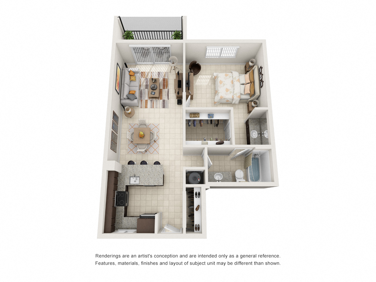 Floor plan for 1 bed, 1 bath, 874 sqft